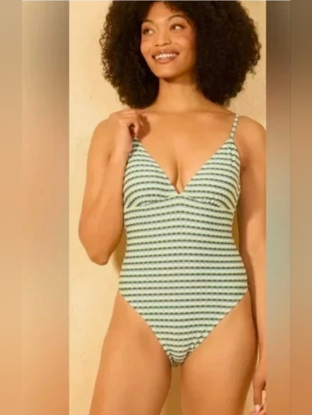 Shade & Shore Textured Stripe One Piece Swimsuit Medium M Green Blue